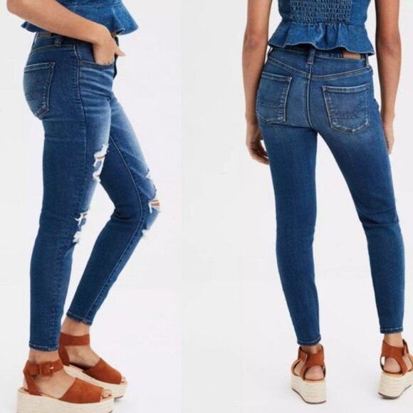 American Eagle Hi-Rise Distressed Jeggings‎ Size 4 X-Short Stretch Denim Jean - Picture 2 of 12